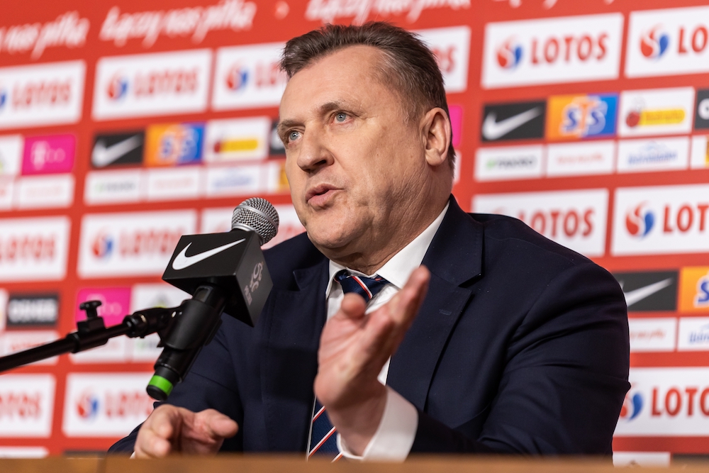 WARSAW, POLAND - 31 JANUARY, 2022:  Presentation of the Polish national football team new coach, o.p: Cezary Kulesza (president of Polish Football Association)