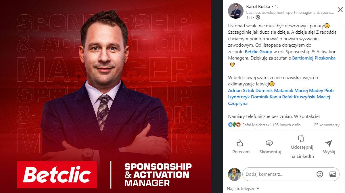 Betclic ma nowego managera do spraw sponsoringu