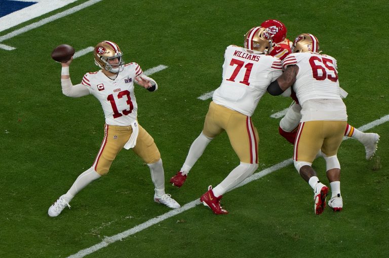 Feb 11, 2024; Las Vegas, Nevada, USA;  San Francisco 49ers quarterback Brock Purdy (13) throws the ball during the first quarter against the Kansas City Chiefs at Allegiant Stadium during Super Bowl LVIII. The Chiefs defeated the 49ers 25-22 in overtime. (Stan Szeto / Image of Sport/Sipa USA)
2024.02.11 Las Vegas
futbol amerykanski , amerykanska liga futbolu NFL
Super Bowl LVIII
Foto Stan Szeto/Image of Sport/SIPA USA/PressFocus

!!! POLAND ONLY !!!