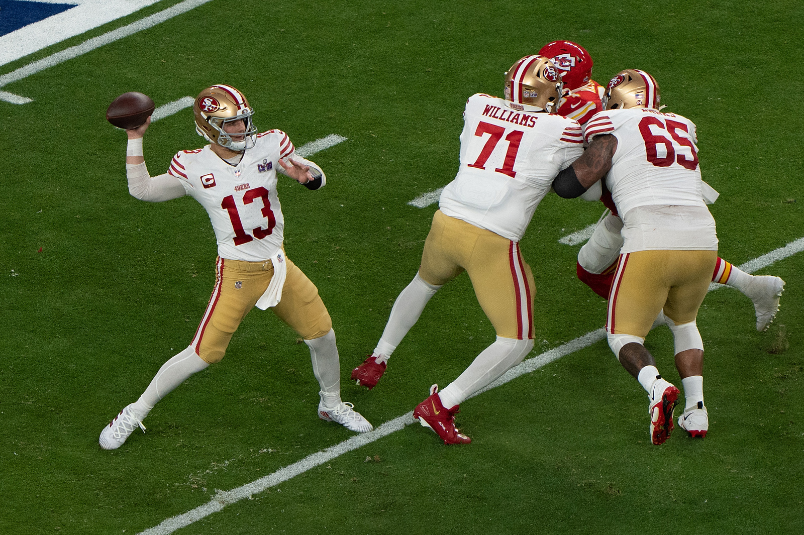 Feb 11, 2024; Las Vegas, Nevada, USA;  San Francisco 49ers quarterback Brock Purdy (13) throws the ball during the first quarter against the Kansas City Chiefs at Allegiant Stadium during Super Bowl LVIII. The Chiefs defeated the 49ers 25-22 in overtime. (Stan Szeto / Image of Sport/Sipa USA)
2024.02.11 Las Vegas
futbol amerykanski , amerykanska liga futbolu NFL
Super Bowl LVIII
Foto Stan Szeto/Image of Sport/SIPA USA/PressFocus

!!! POLAND ONLY !!!